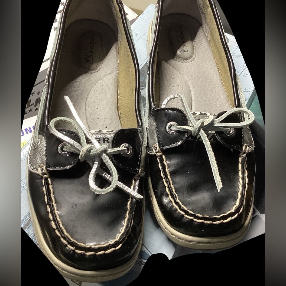 Sperry Angelfish/Houndstooth black and silver boat shoes 9 1/2 m sperrys